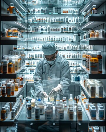 A pharma lab technician preparing and assessing the quality of medicines in between shelves that are stocked with various medicines. By Smotec Pharmaceuticals: PCD Pharma Franchise in West Bengal.

https://smotecpharma.com/