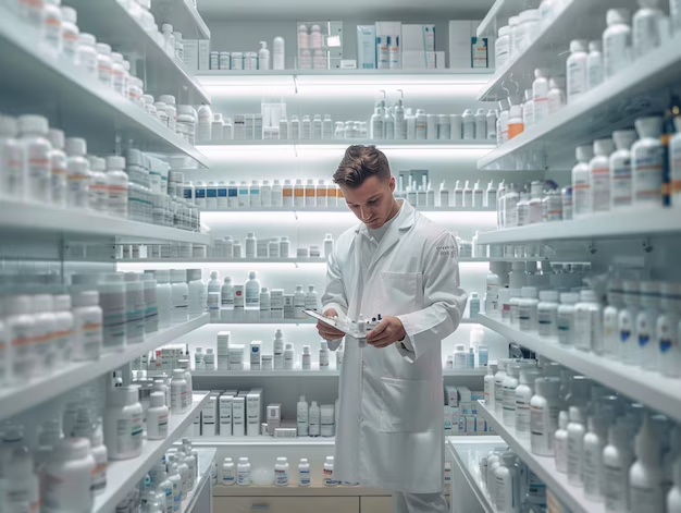 A pharmacists in a white lab coat is examining the medicine bottle sand preparing a list while standing in between the shelves fully stocked with pharma products.  - By Smotec Pharmaceuticals: PCD Pharma Franchise Company in Assam 

https://smotecpharma.com/